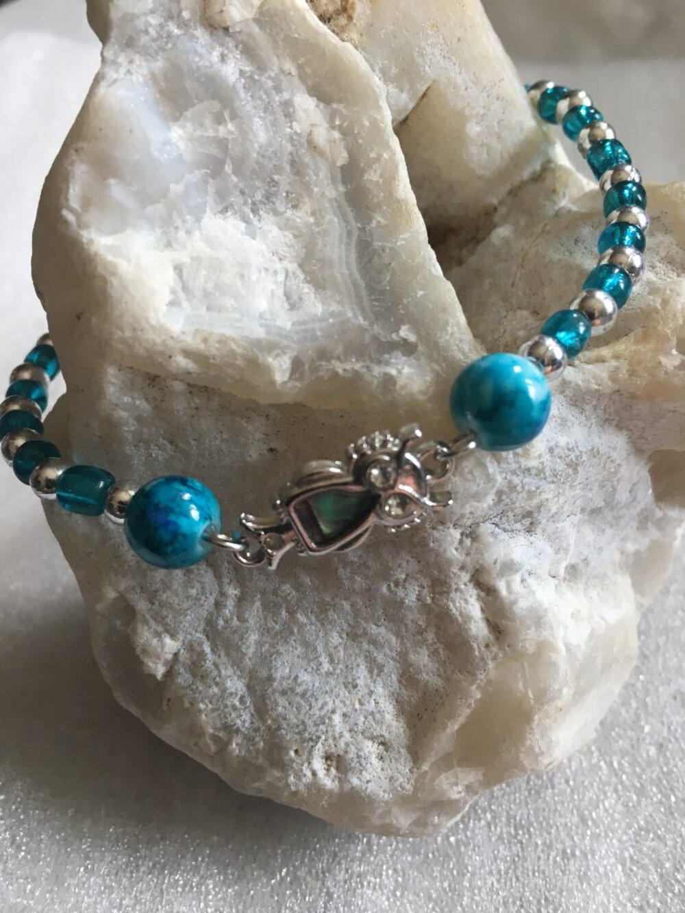 Turquoise & Silver Beaded Bracelet with Owl Charm